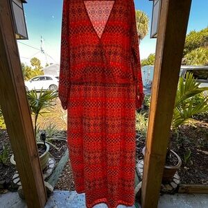 Women's Red Patterned Long Sleeve Maxi Dress